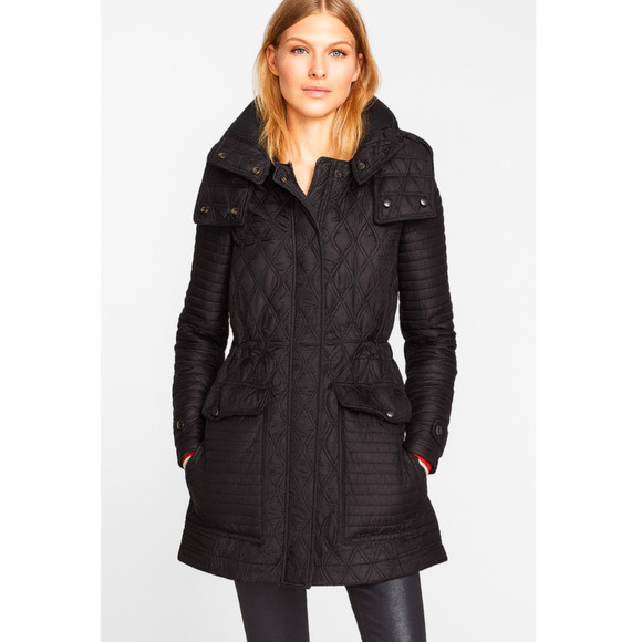 Burberry Brit Finsbridge Quilted Black Coat Small Belted Hooded Jacket Outerwear - Picture 1 of 7